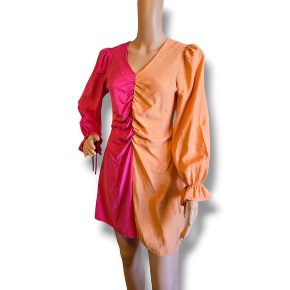 Women's Two Tones Flounce Sleeve Ruched Dress Pink/ Orange Peach - Picture 3 of 16